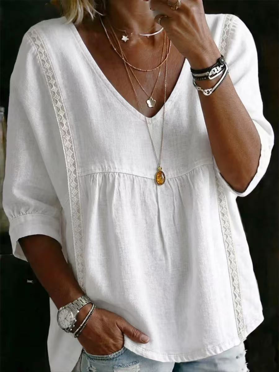 BundleWear™ Lace-Panel Linen Top | V-Neck 3/4 Sleeve Bohemian Pullover