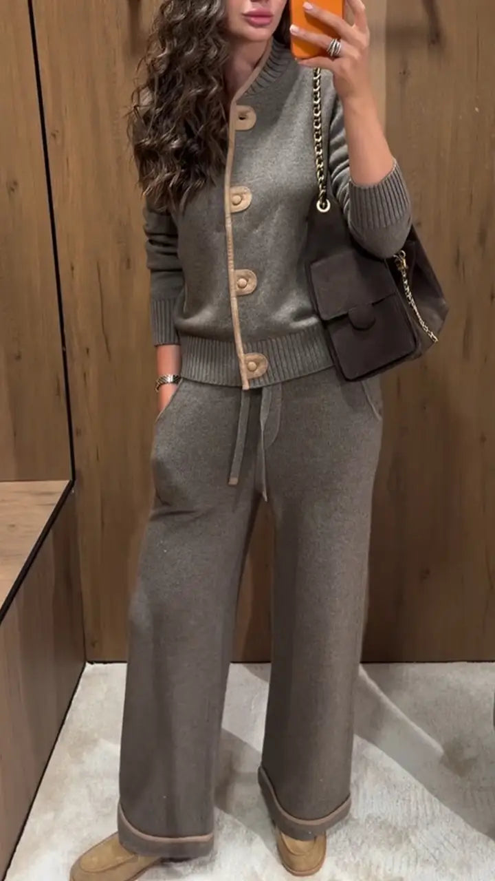 Ladies' Round Neck Breasted Knitted Cardigan+ Pants Casual Suit