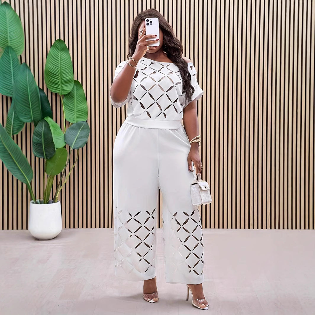 BundleWear™ Diamond-Cutout Set | Embroidered Scoop-Neck Top & Wide-Leg Pants
