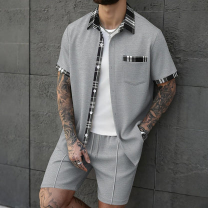 BundleWear™ Plaid-Trim Waffle Resort Set | Camp-Collar Knit Shirt & Drawstring Shorts