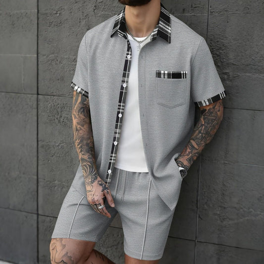 BundleWear™ Plaid-Trim Waffle Resort Set | Camp-Collar Knit Shirt & Drawstring Shorts