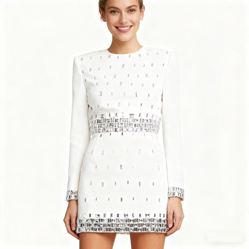 BundleWear™ Silver-Beaded Tweed Set | Hand-Embellished Knit Top & Hip-Contouring Mini Skirt