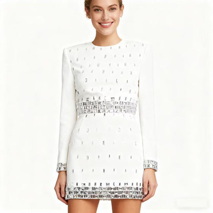 BundleWear™ Silver-Beaded Tweed Set | Hand-Embellished Knit Top & Hip-Contouring Mini Skirt