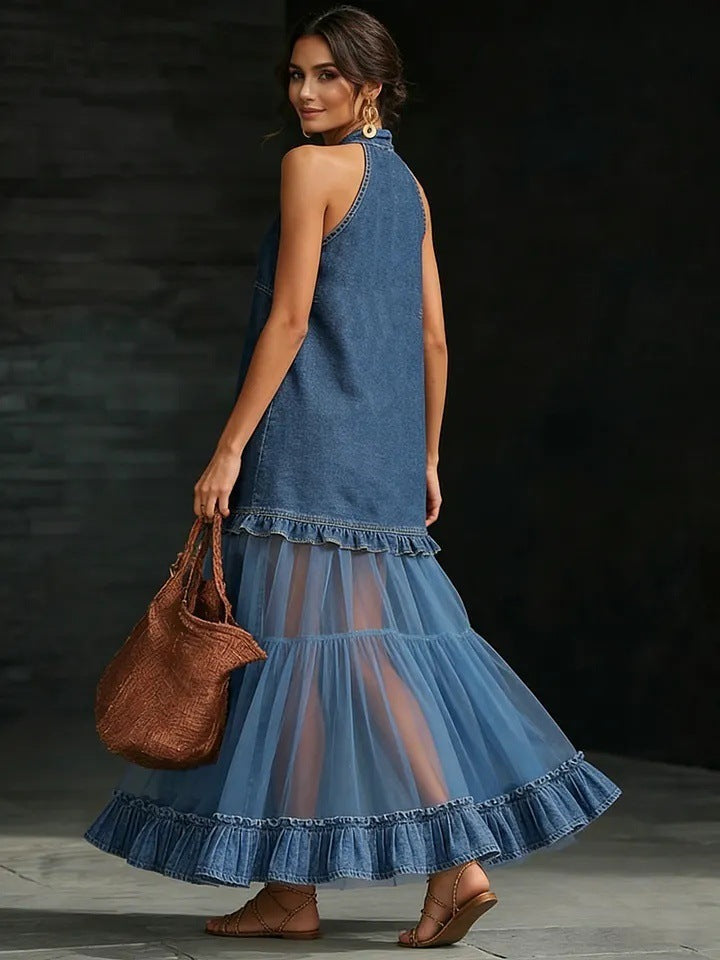 BundleWear™ Denim-Halter Tulle Maxi | Patchwork Bodice & Tiered Ruffle Dress