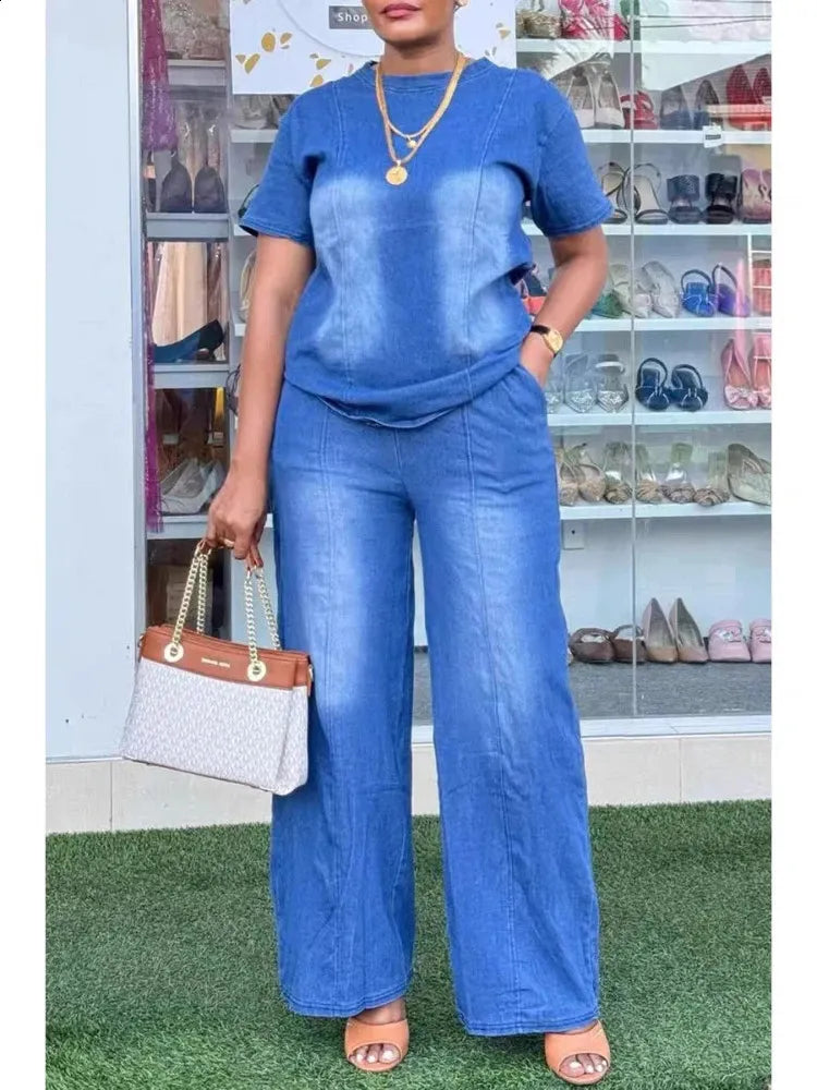BundleWear™ Sunburst Denim Set | Y2K Acid-Washed Boxy Top & Wide-Leg Pants