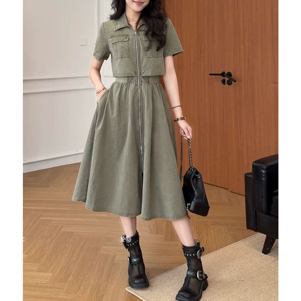 BundleWear™ Utility-Zip Shirt Dress | Faux Two-Piece Mini/Midi with Exposed Zipper