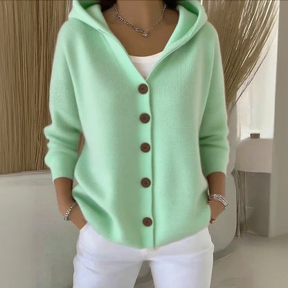 Button-down knit hooded sweater cardigan