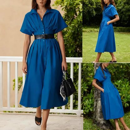Women's Button-Down Shirt Dress - Short-Sleeve, Loose, Pleated Maxi Sundress with Pockets, Basic Casual Wear for Summer
