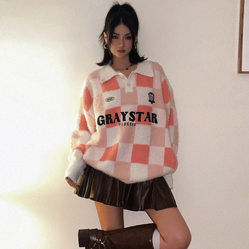 Color-blocked checkerboard sports sweater for couples