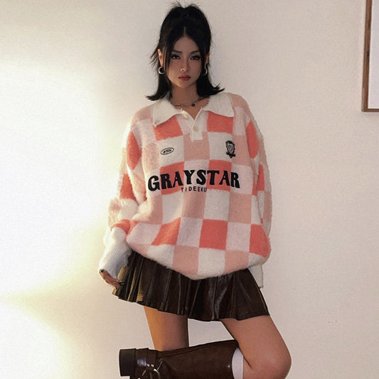 Color-blocked checkerboard sports sweater for couples