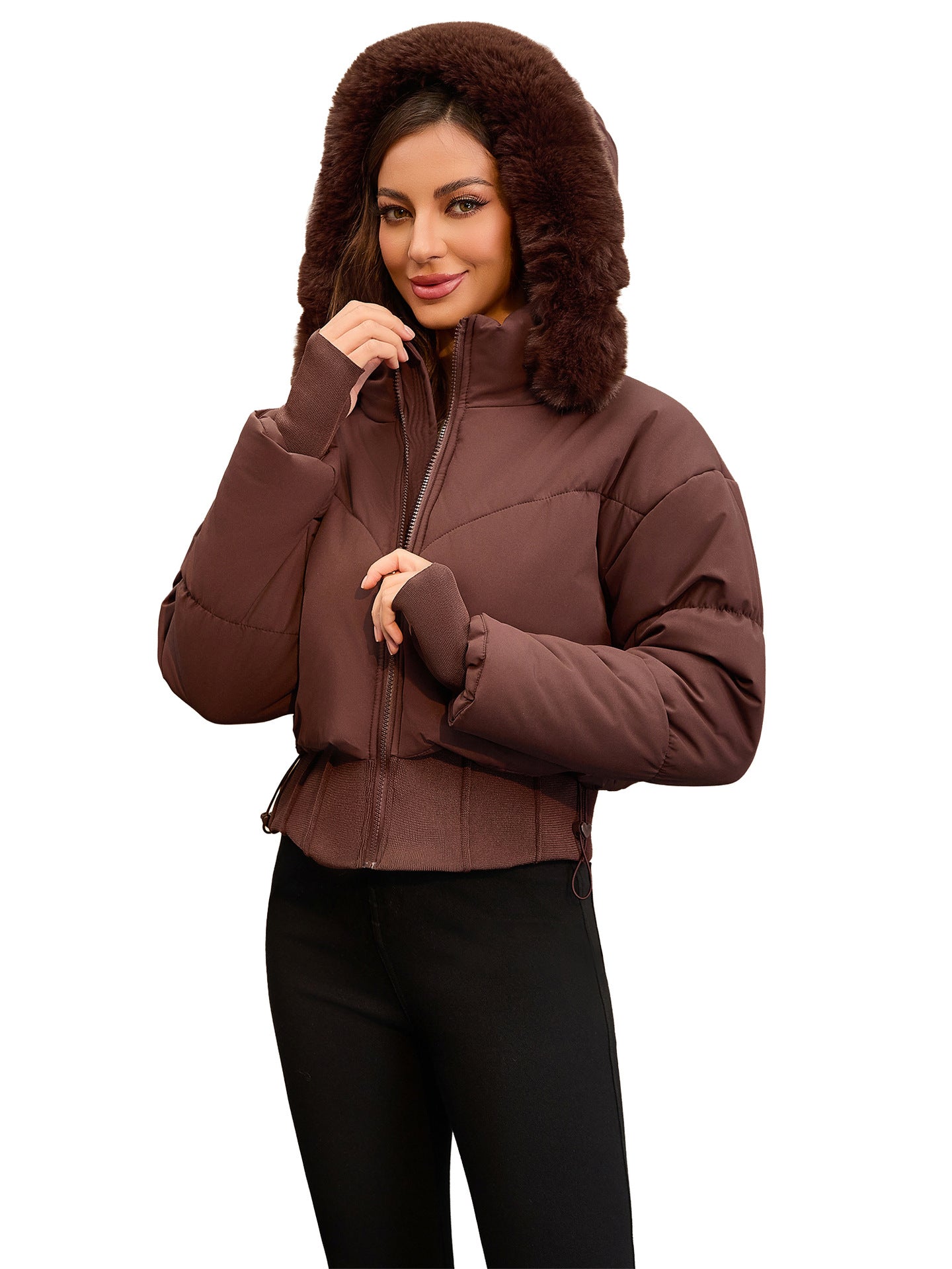 Short coat with large fur collar, hood and waist-hugging design - MATCHING MASTER