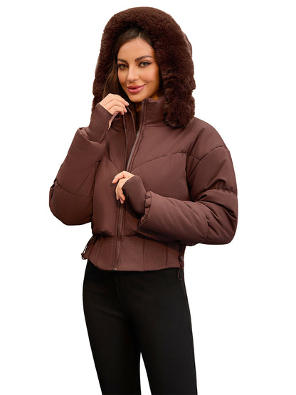 Short coat with large fur collar, hood and waist-hugging design - MATCHING MASTER