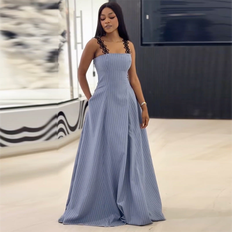 Chic Striped Lace-Trim Vacation Dress with Pockets - Sculpting Nautical Maxi Set Look - BundleWear