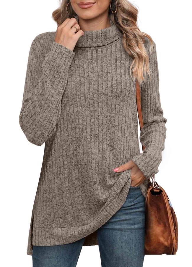High-neck scarf, side slit, solid color long-sleeved T-shirt
