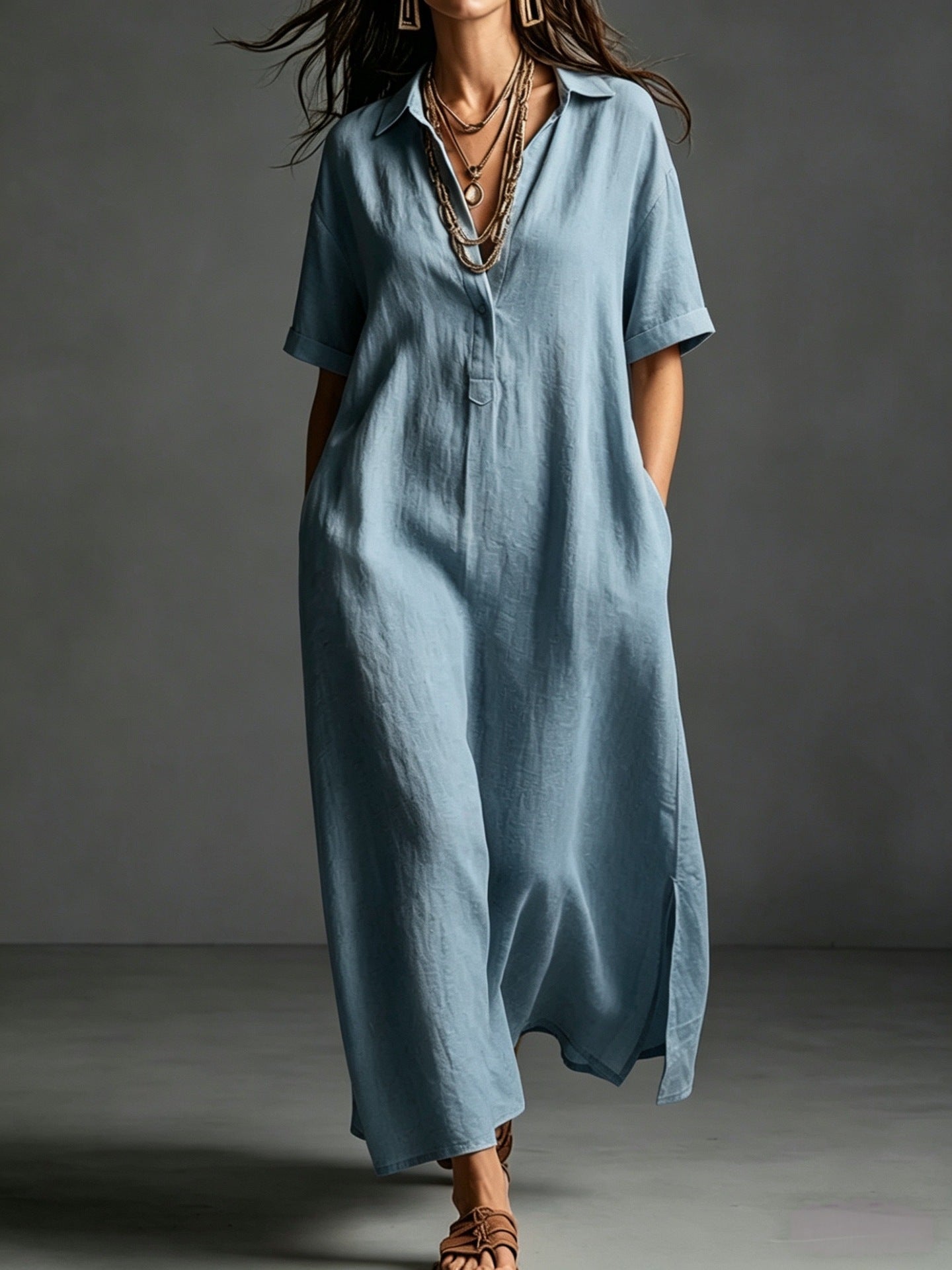 Black Button-Front Bohemian Shirt Maxi Dress - BundleWear