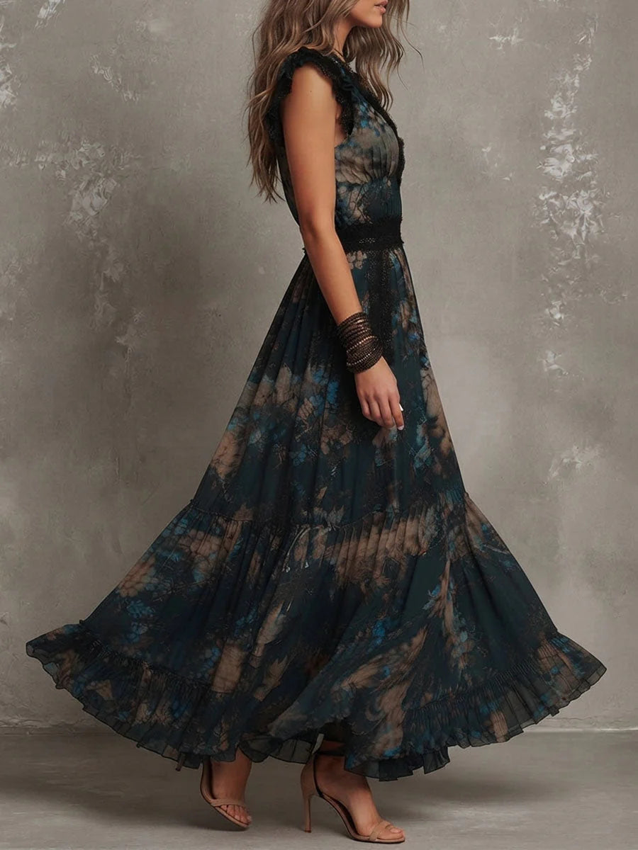 BundleWear™ Midnight Garden Gown | Lace-Trimmed V-Neck Chiffon Maxi Dress