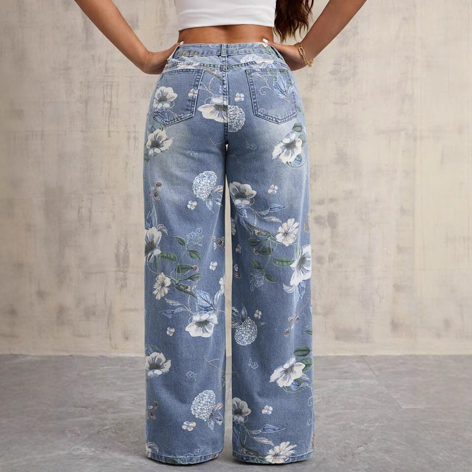 BundleWear™ Botanical Bloom Jeans | All-Over Floral Print High-Waist Wide-Leg Denim