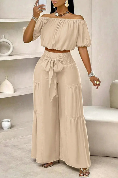 BundleWear™ Bohemian Breeze Set | Off-Shoulder Puff Sleeve Crop & Tiered Wide-Leg Pants