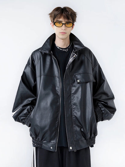 Genuine leather jacket with plaid lining, reversible lapel leather jacket