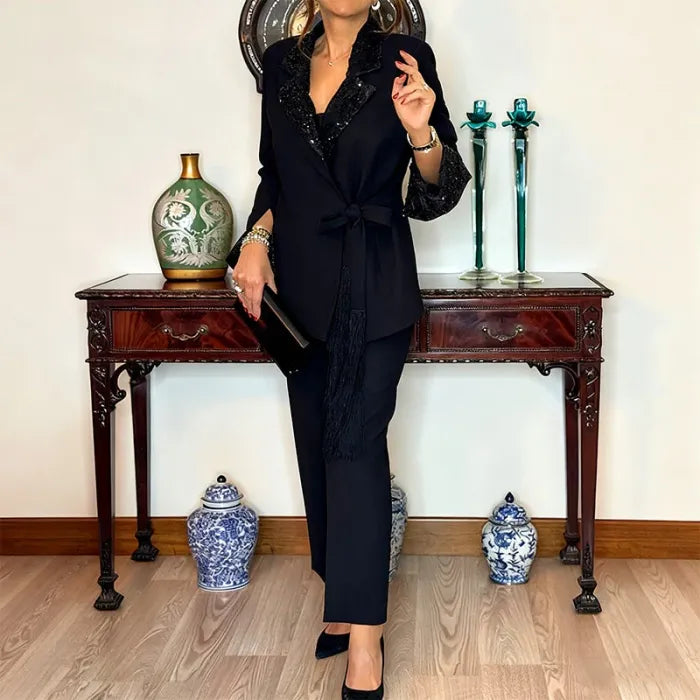Ladies' Elegant Sequin Lapel Blazer & Pants Set