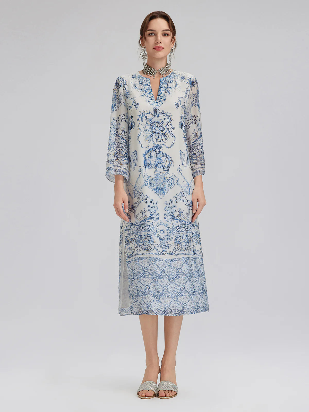 Silk Italian Floral Printed V-Neckline Dress