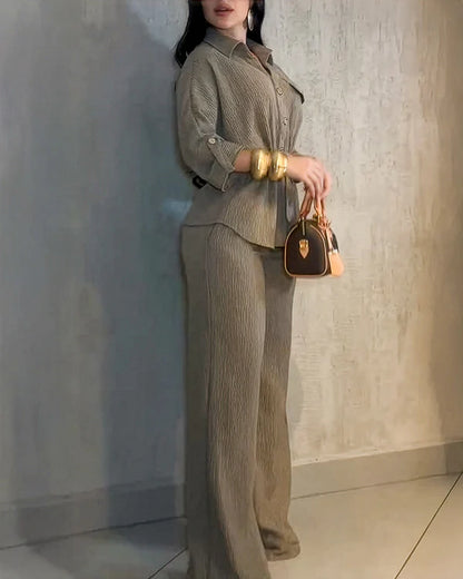 Elegant Textured Button-Front Shirt & High-Waist Wide-Leg Trousers Set - Minimalist Commuter Look - BundleWear