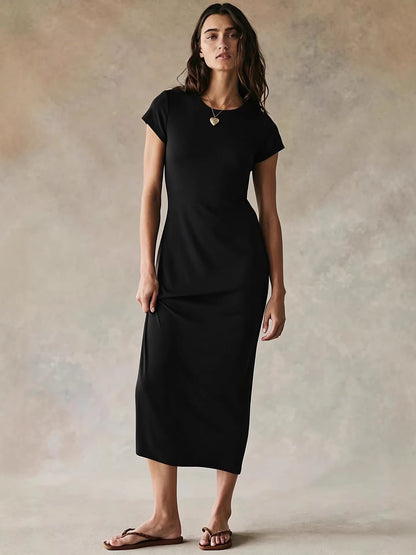 Ladies' solid color short-sleeved round neck slim-fit bodycon dress - BundleWear
