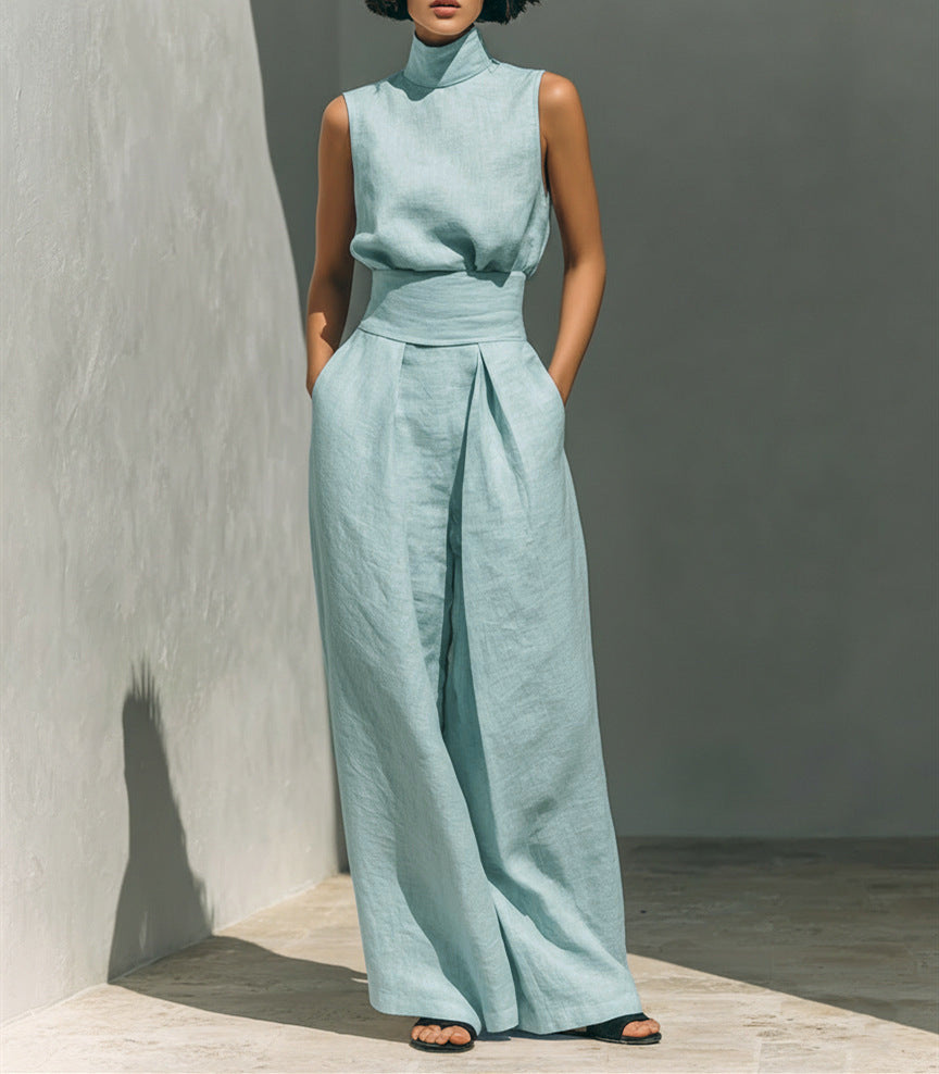 Cotton and linen sleeveless trouser casual suit