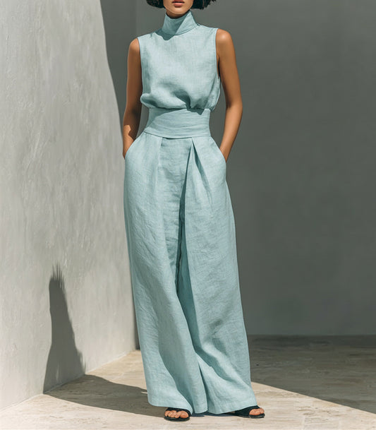 Cotton and linen sleeveless trouser casual suit