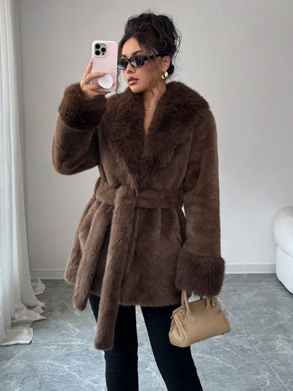 Ladies' winter lace up leopard print faux fur coat