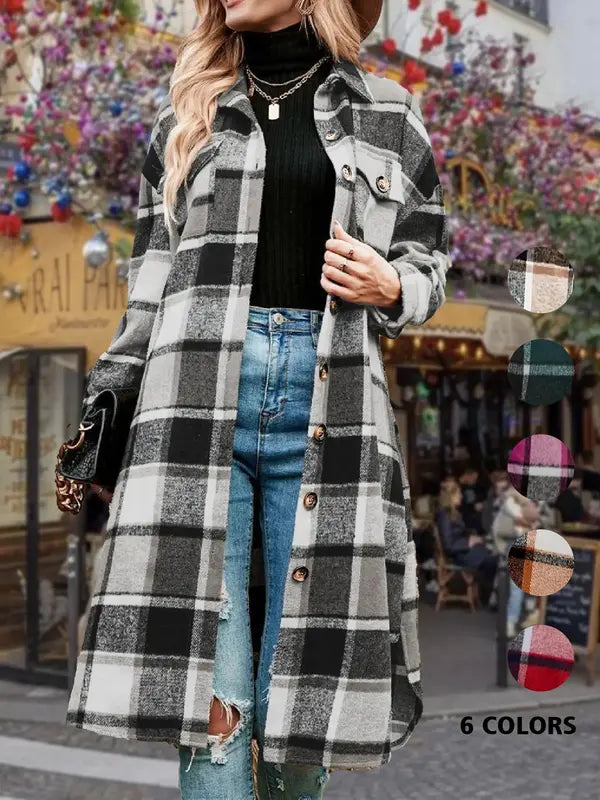 Ladies' Colorblock Plaid Print Button Front Drop Shoulder Coat