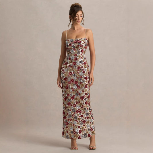 Red Floral Sequin Square-Neck Maxi Dress - MATCHING MASTER
