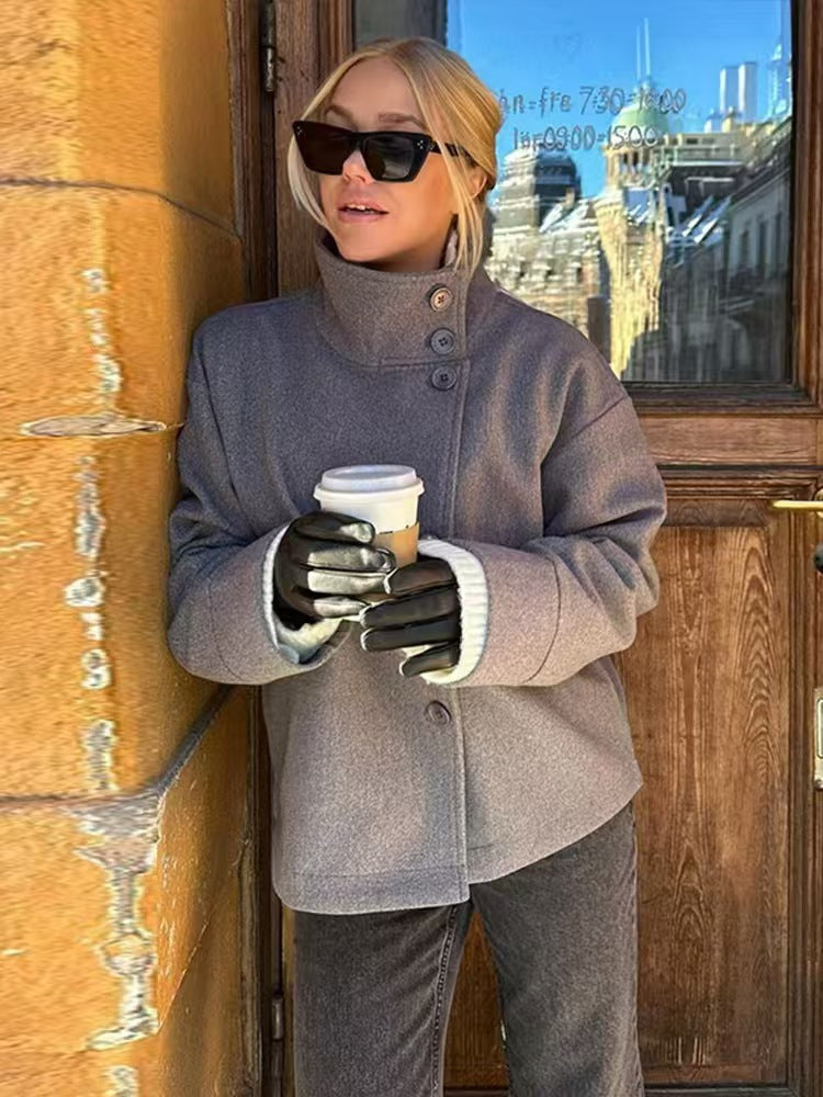 Elegant stand-collar single-breasted loose woolen coat - MATCHING MASTER