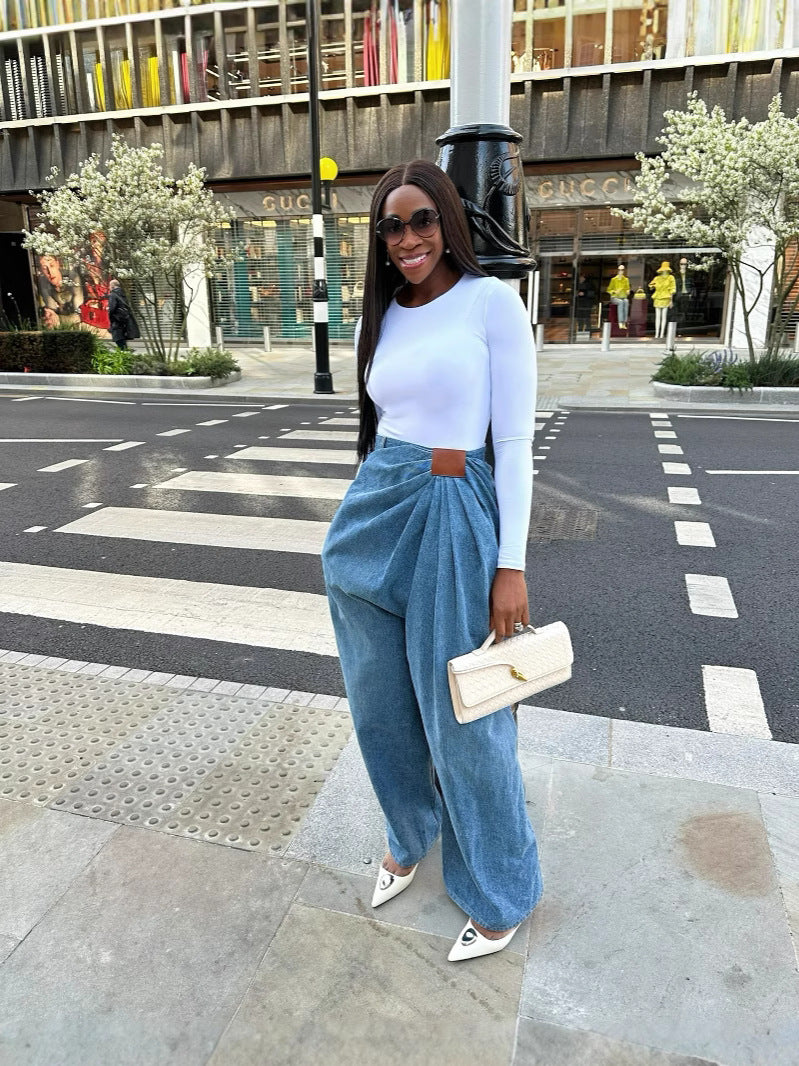 BundleWear™ Fluid Wrap Jeans | Asymmetric High-Waist Drapey Wide-Leg Denim