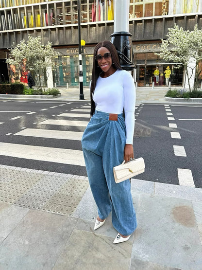BundleWear™ Fluid Wrap Jeans | Asymmetric High-Waist Drapey Wide-Leg Denim