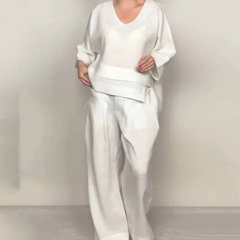 💎 2-Piece Cotton-Linen Set With An Uneven Hem – V-Neck Top + Wide-Leg Pants, Breathable & Effortlessly Stylish