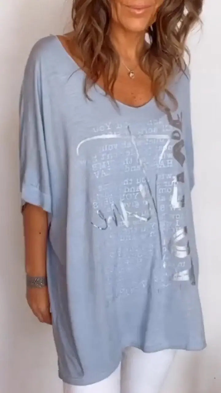 BundleWear Elegant Summer Floral V-Neck Top - Breathable Cotton-Blend Mid-Sleeve Casual Tee (S-5XL)
