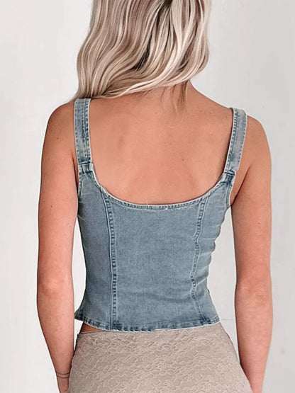Fitted Denim-Print Corset Tank Top - Exposed Front Zipper & Square Neck Bodycon Vest - Street Style Edgy Top