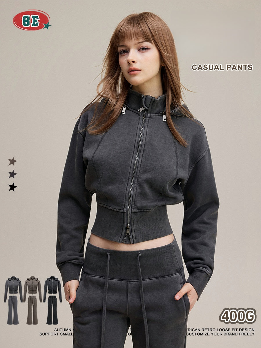 Fleece-lined slimming cardigan sweatshirt and casual pants two-piece set