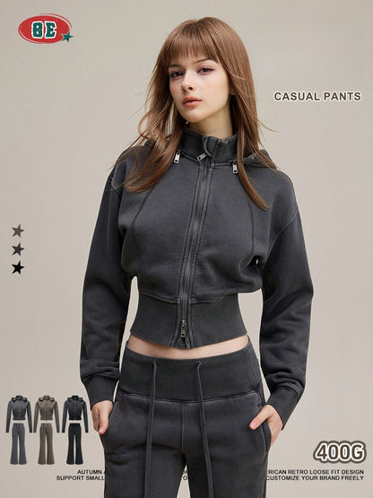 Fleece-lined slimming cardigan sweatshirt and casual pants two-piece set