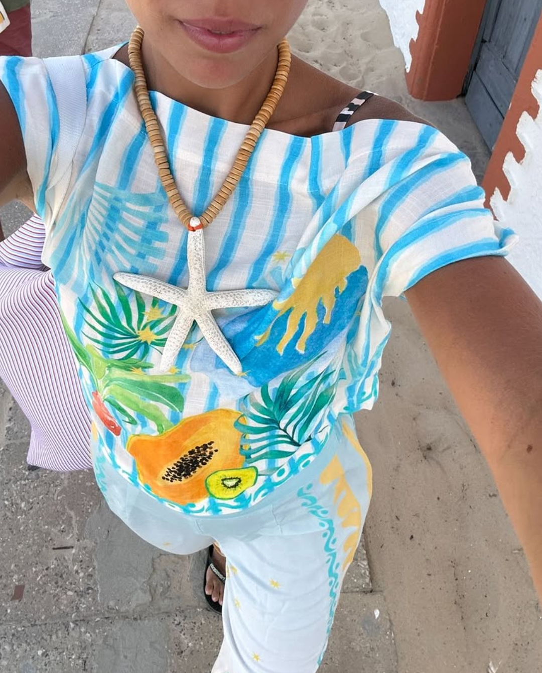 Ladies' One Word Collar Printed Top + Pants Vacation Play Style Casual Set