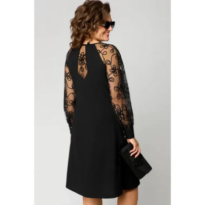 Lace Patchwork Dress with Long Sleeves and Round Neck