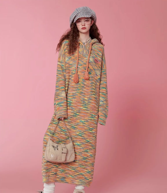 Autumn and winter colorful hooded sweater dress