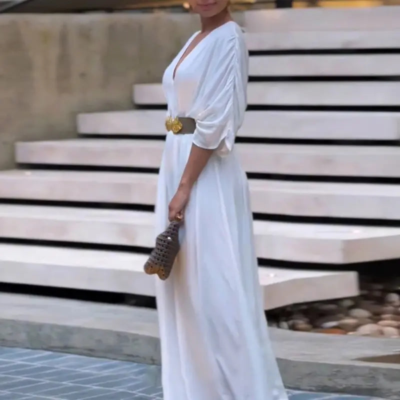 Women's V-Neck Half Sleeve Ruched Jumpsuit