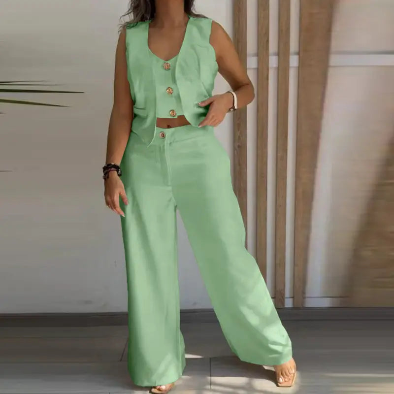 Women's 3 Pieces Outfits Metal Button Decor V Neck Sleeveless Tank Top and Casual Plain Loose Fit Pants Set