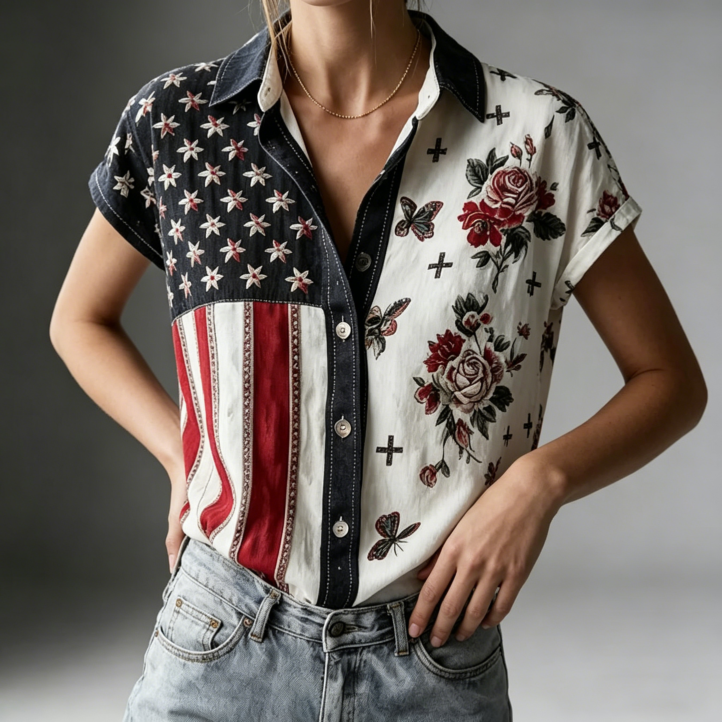 Women's American Founding 250th Anniversary Art Print Short-Sleeved Shirt - BundleWear