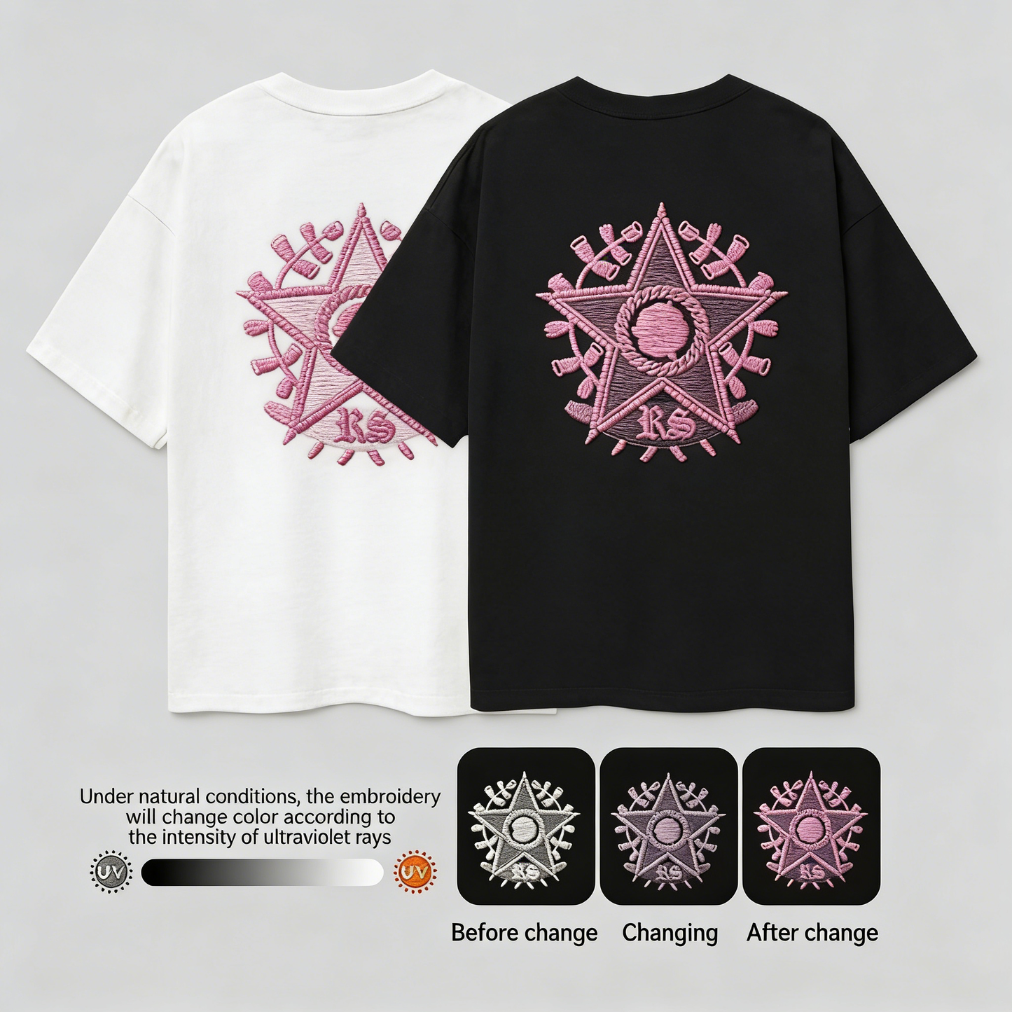 Light-sensitive color-changing embroidered five-pointed star and rose crew neck short-sleeved shirt - MATCHING MASTER
