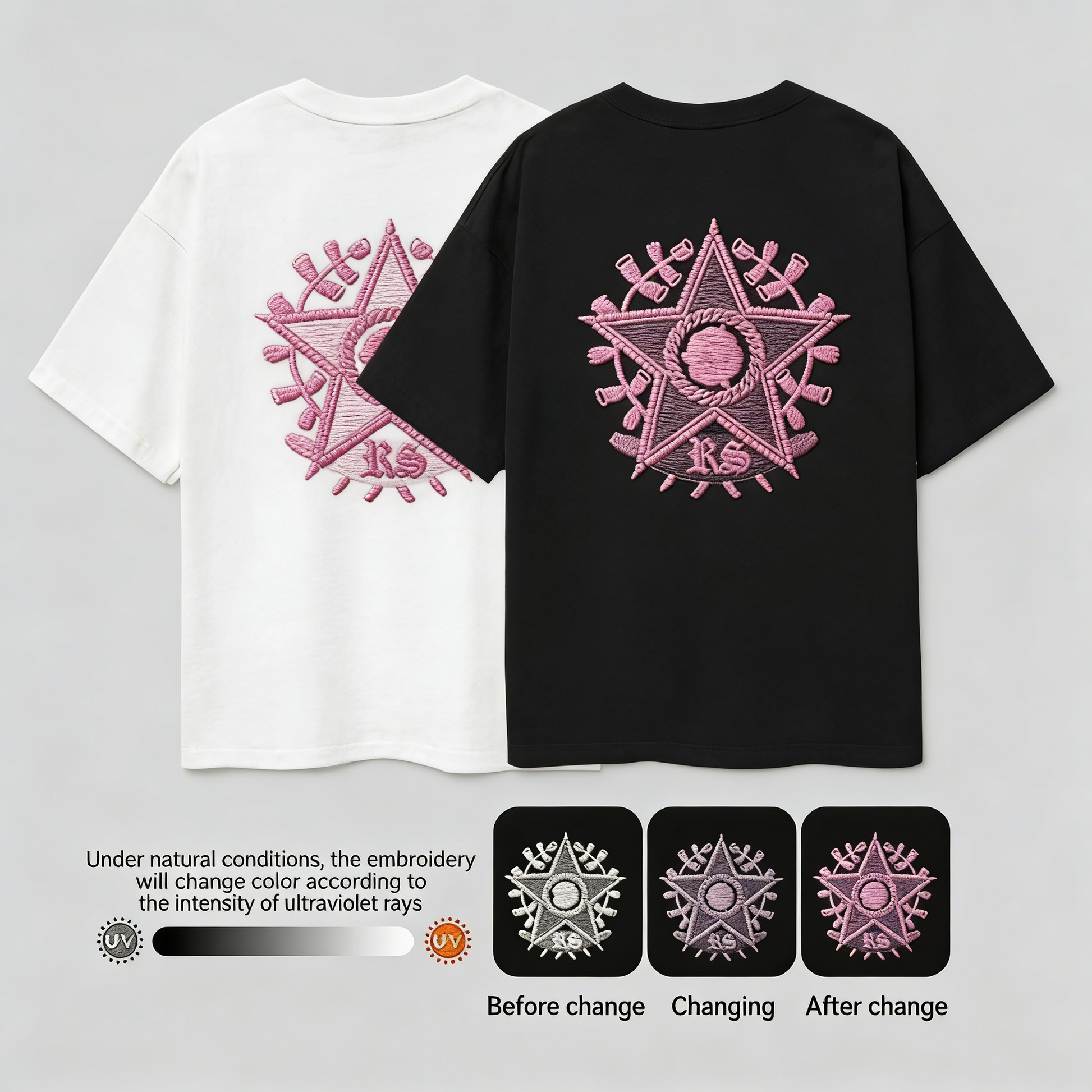 Light-sensitive color-changing embroidered five-pointed star and rose crew neck short-sleeved shirt - MATCHING MASTER