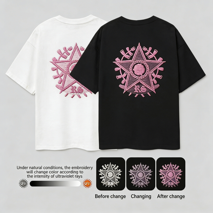 Light-sensitive color-changing embroidered five-pointed star and rose crew neck short-sleeved shirt - MATCHING MASTER