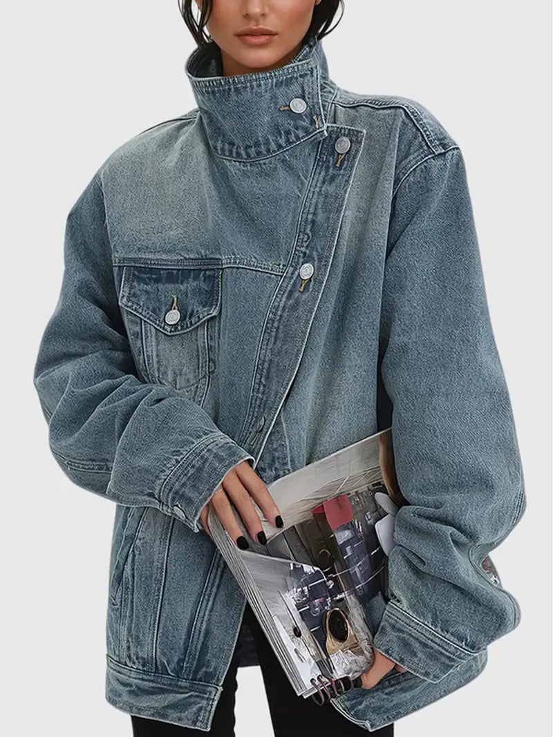 Women's Vintage Washed High Neck Asymmetric Button Loose Denim Jacket - MATCHING MASTER